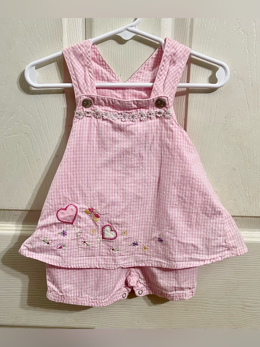 Vintage Faded Glory Baby Pink Gingham Romper Dress 6-9M Embroidered